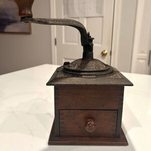 Vintage Cast Iron Wood Knob Hand Crank Wooden Coffee Grinder Bean Mill